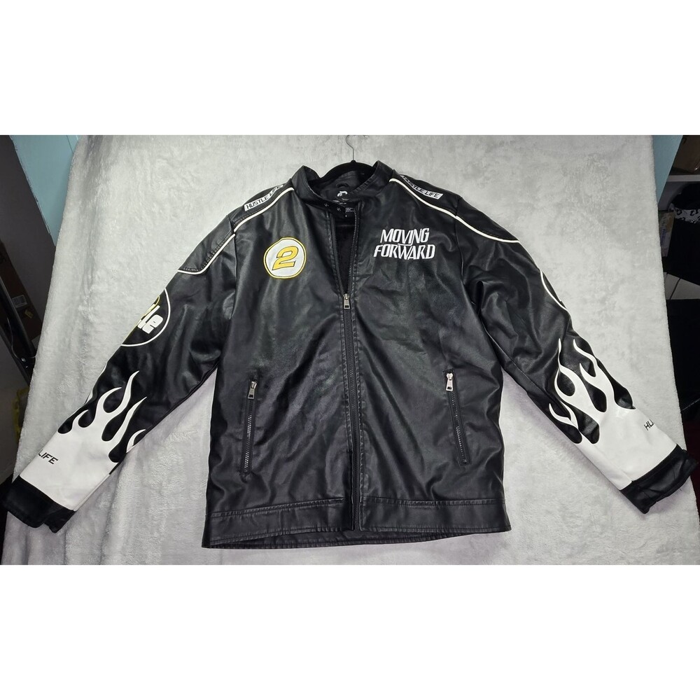 Refinery Republic Racer Jacket Faux Leather Lined Large Black Flame Moving Fwd